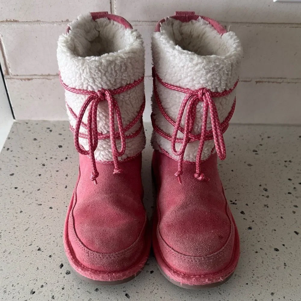 Koolaburra by UGG Suede Leather Pink Cream Warm Cozy Lined Girls Boots Size 2